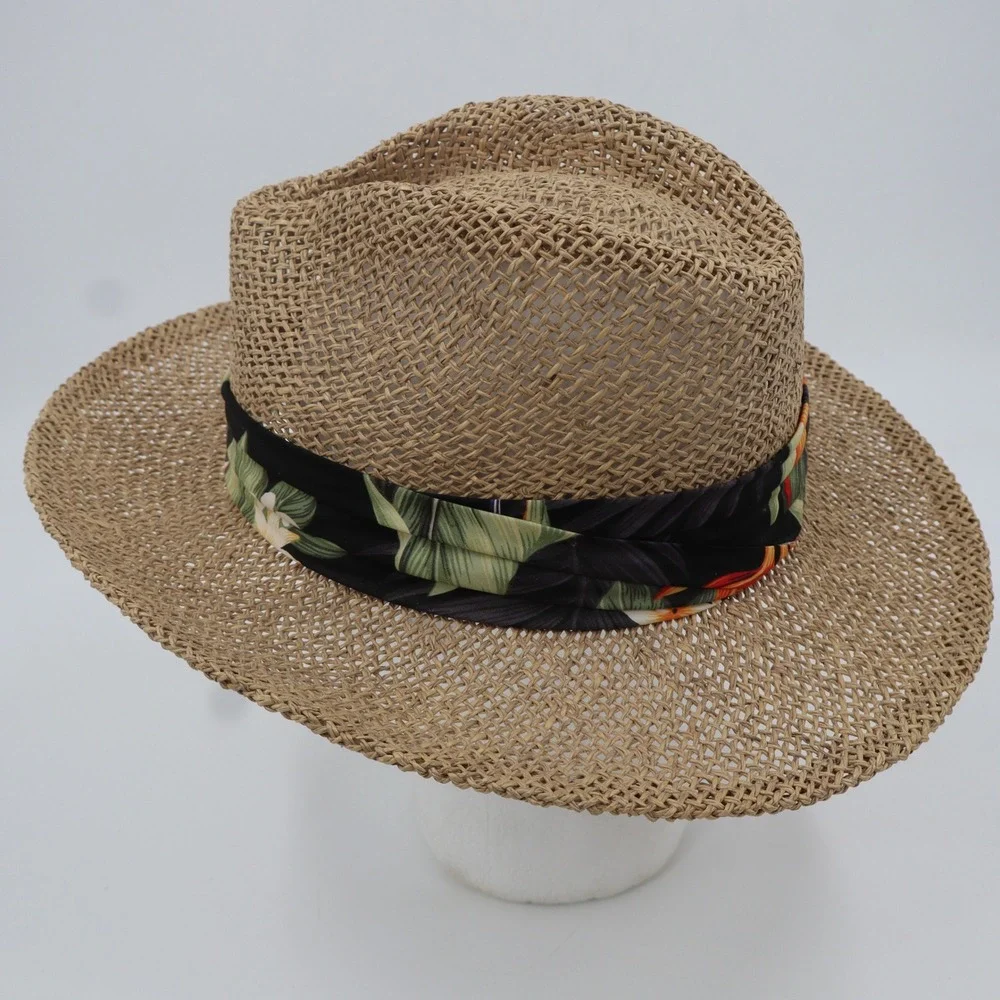 Hawaiian Headwear Straw Fedora Hat Unisex‎ OSFA Tan Tropical Floral Band
